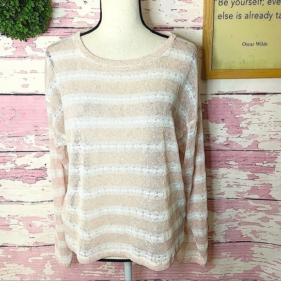 BCBGENERATION Women’s Pink White Sheer Striped Sweater Size Medium Large - Picture 1 of 6